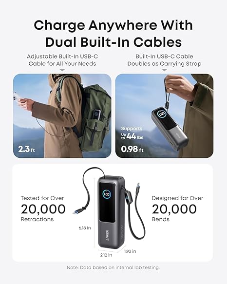 Anker Laptop Power Bank, 25,000mAh Portable Charger with Triple 100W USB-C Ports, Built-in and Retractable Cables, for iPhone 16/15 Series, MacBook, Samsung, and More (Flight-Approved)