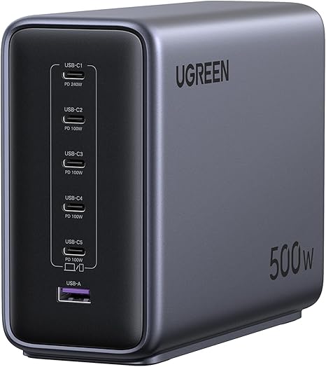 UGREEN Nexode 500W GaN Fast Charging Station - 6 Ports USB-C & USB-A, 240W Single Port, Smart Temperature Control, Space-Saving Design, for Laptops, Phones, and More