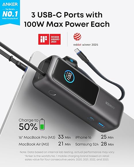 Anker Laptop Power Bank, 25,000mAh Portable Charger with Triple 100W USB-C Ports, Built-in and Retractable Cables, for iPhone 16/15 Series, MacBook, Samsung, and More (Flight-Approved)