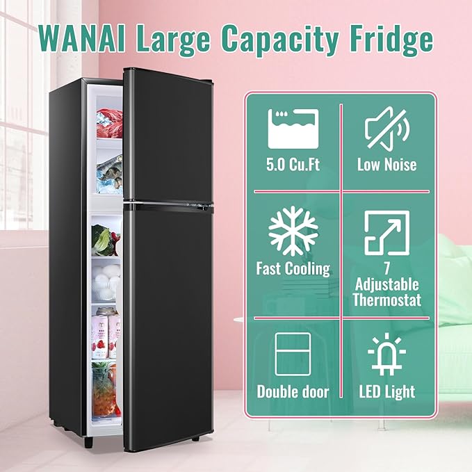 WANAI 5.0 Cu.Ft Fridge with Freezer, Dual Door Refrigerator with 7 Settings Temperature Adjustable, Small Fridge for Dorm Office Apartment and Home, Black