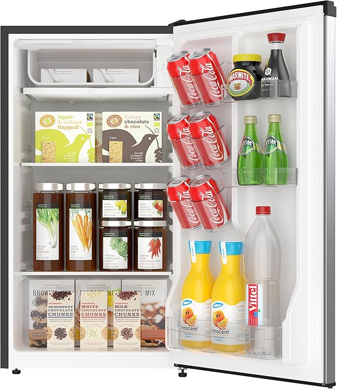 ACFR322 RCA Mini Refrigerator, Compact Freezer Compartment, Adjustable Thermostat Control, Reversible Door, Ideal Fridge for Dorm, Office, Apartment, Platinum Stainless, 3.2 Cubic Feet