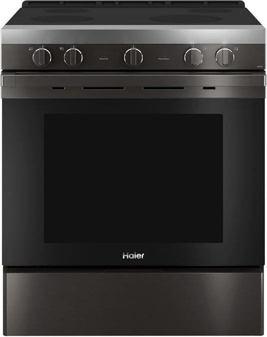 Haier QSS740BNTS 30"" Smart Freestanding Electric Range with 4 Radiant Elements 5.7 cu. ft. Capacity WiFi Connection and Hidden Bake Element in Black Stainless Steel