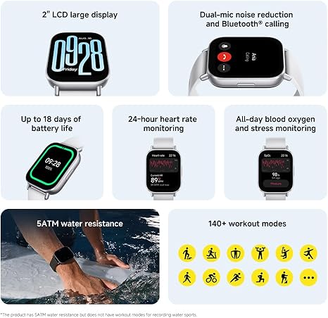 Xiaomi Redmi Watch 5 Active Smartwatch, 2.0" LCD Display, 18 Days of Battery Life, 140+ Sports Modes, 5ATM Waterproof, Bluetooth Calling, Fitness-Tracker- Matte Silver