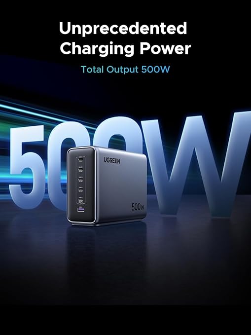 UGREEN Nexode 500W GaN Fast Charging Station - 6 Ports USB-C & USB-A, 240W Single Port, Smart Temperature Control, Space-Saving Design, for Laptops, Phones, and More