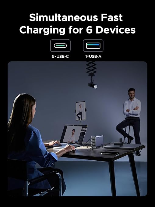 UGREEN Nexode 500W GaN Fast Charging Station - 6 Ports USB-C & USB-A, 240W Single Port, Smart Temperature Control, Space-Saving Design, for Laptops, Phones, and More
