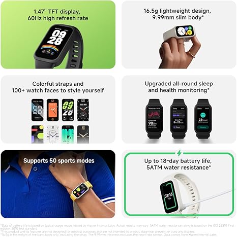 Xiaomi Smart Band 9 Active Global Version 1.47'' Display 18-Day Battery Life Modes All-Day Health and Fitness Monitoring 5ATM (Black)