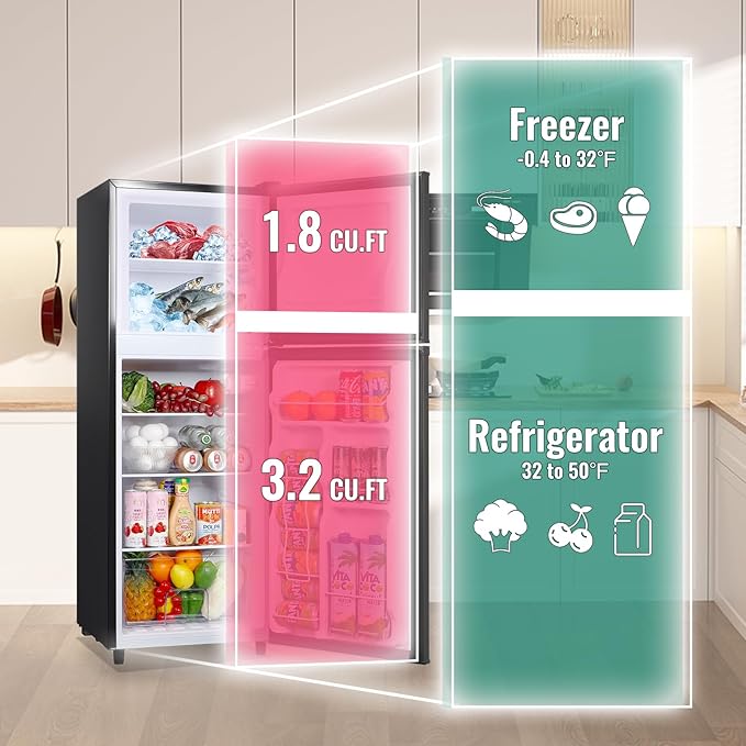 WANAI 5.0 Cu.Ft Fridge with Freezer, Dual Door Refrigerator with 7 Settings Temperature Adjustable, Small Fridge for Dorm Office Apartment and Home, Black