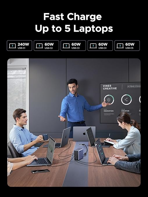 UGREEN Nexode 500W GaN Fast Charging Station - 6 Ports USB-C & USB-A, 240W Single Port, Smart Temperature Control, Space-Saving Design, for Laptops, Phones, and More