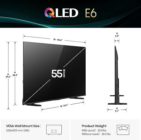 Hisense 55" Class E6 Series QLED 4K UHD Smart Fire TV (55E6QF, 2025 Model) - QLED, AI Light Sensor, Dolby Vision · Atmos, Voice Remote with Alexa, Motion Rate 120, HDR 10+ Adaptive, Game Mode Plus