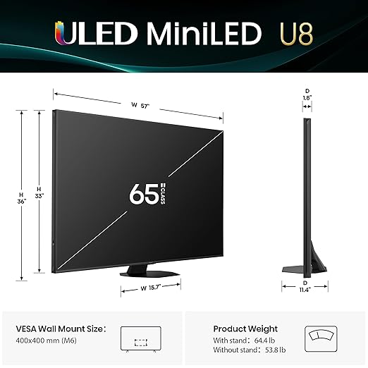 Hisense 65" Class U8 Mini-LED ULED 4K UHD Google Smart TV (65U8QG, 2025 Model) - QLED, Native 165Hz, VRR 288, Up to LD5600, 5000 Nits, HDR10+, Dolby Vision IQ · Atmos, IMAX Enhanced, 4.1.2 Ch Audio