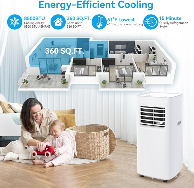 Portable Air Conditioners,8500 BTU portable ac up to 360 Sq,3 IN 1 with Remote Control,Sleep Mode, Windows kit,White