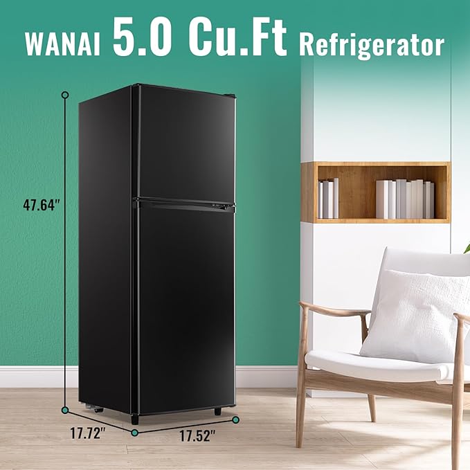 WANAI 5.0 Cu.Ft Fridge with Freezer, Dual Door Refrigerator with 7 Settings Temperature Adjustable, Small Fridge for Dorm Office Apartment and Home, Black
