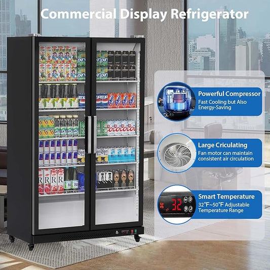 GAOMON Commercial Refrigerator, Glass Door with LED Lighting - Upright Beverage Display Cooler for Home, Store, Gym, or Office, Featuring Double Swing Doors and 39 cu.ft