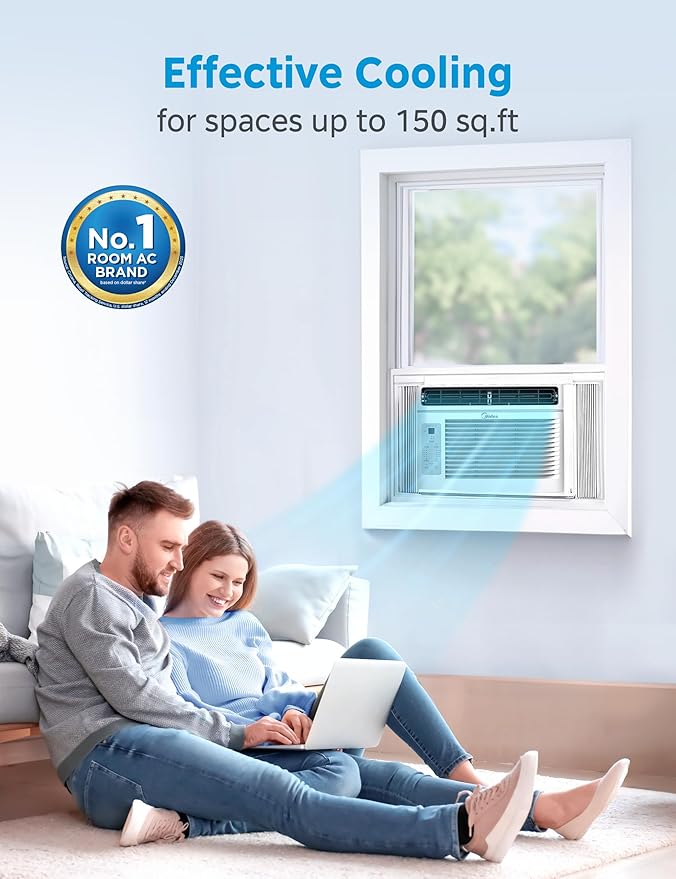 Midea MAW05R1JWT-B Electronic 5K 5,000 BTU, 3-in-1 Fan/Dehumidifier Window AC Unit, Easycool Air Conditioner with Remote Control, Cools up to 150 Sq. Ft, Fits Bedroom, Study, Office, White