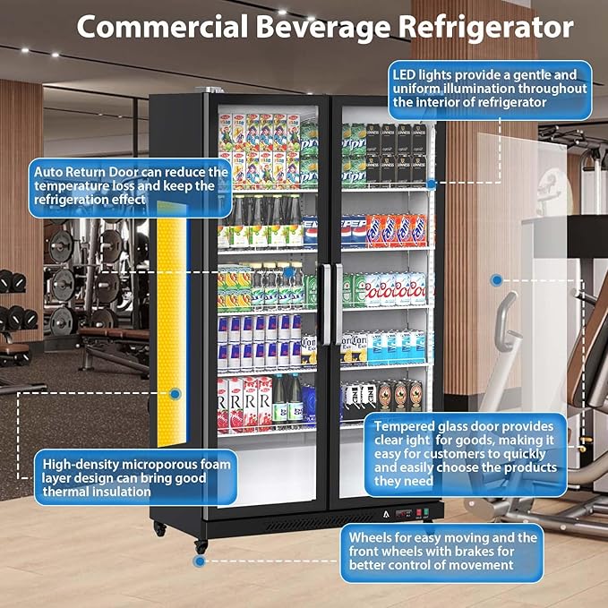 GAOMON Commercial Refrigerator, Glass Door with LED Lighting - Upright Beverage Display Cooler for Home, Store, Gym, or Office, Featuring Double Swing Doors and 39 cu.ft
