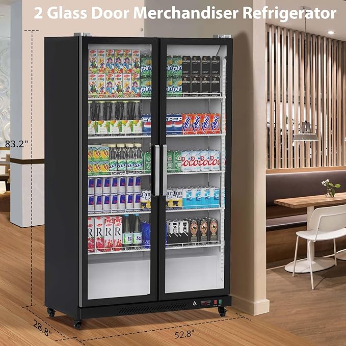 GAOMON Commercial Refrigerator, Glass Door with LED Lighting - Upright Beverage Display Cooler for Home, Store, Gym, or Office, Featuring Double Swing Doors and 39 cu.ft