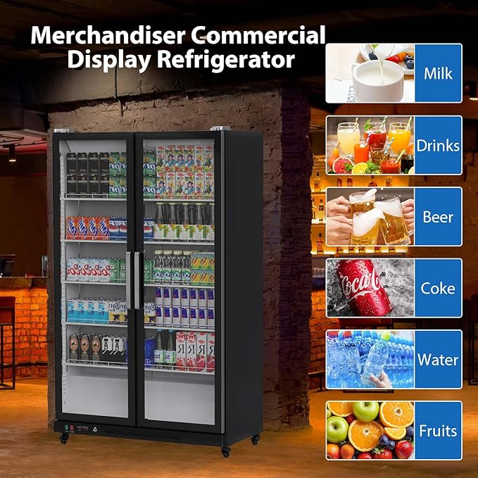 GAOMON Commercial Refrigerator, Glass Door with LED Lighting - Upright Beverage Display Cooler for Home, Store, Gym, or Office, Featuring Double Swing Doors and 39 cu.ft
