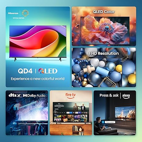 Hisense 40-Inch Class QD4 Series QLED FHD Smart Fire TV (40QD4QF, 2025 Model) - Quantum Dot Color, DTS Virtual: X, Alexa Built in, Slim Bezel Design