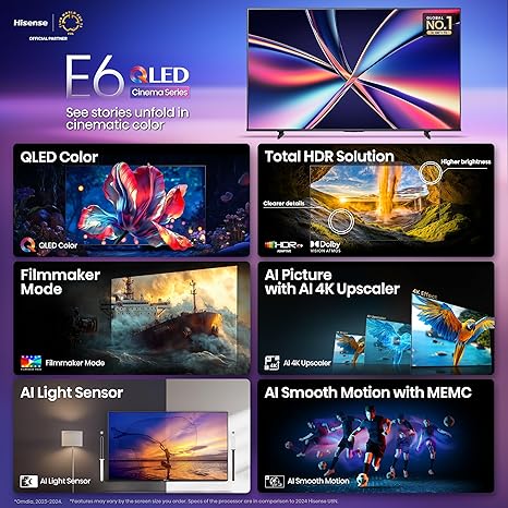 Hisense 55" Class E6 Series QLED 4K UHD Smart Fire TV (55E6QF, 2025 Model) - QLED, AI Light Sensor, Dolby Vision · Atmos, Voice Remote with Alexa, Motion Rate 120, HDR 10+ Adaptive, Game Mode Plus